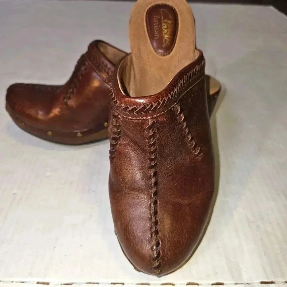 Clarks Women Sagamore‎ Dell Brown Leather Clogs Sz 7.5M